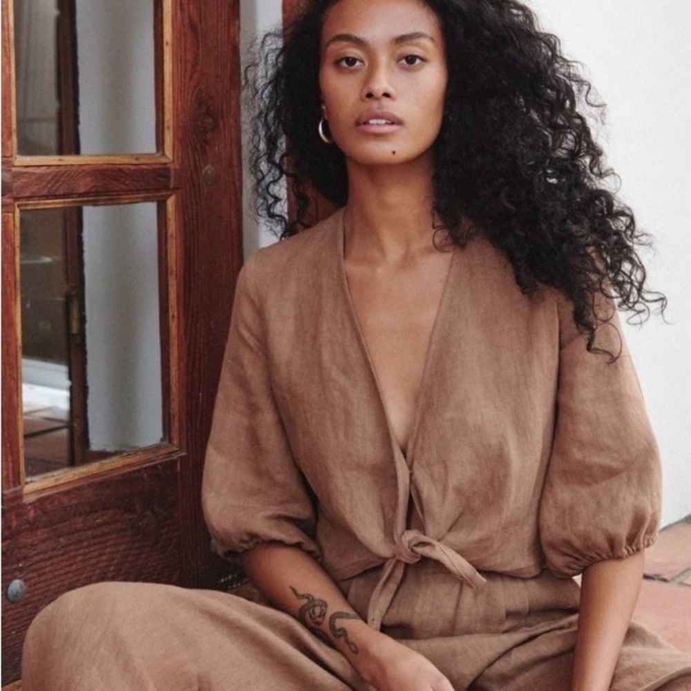 Brown Tie-Front Linen Women’s Top
